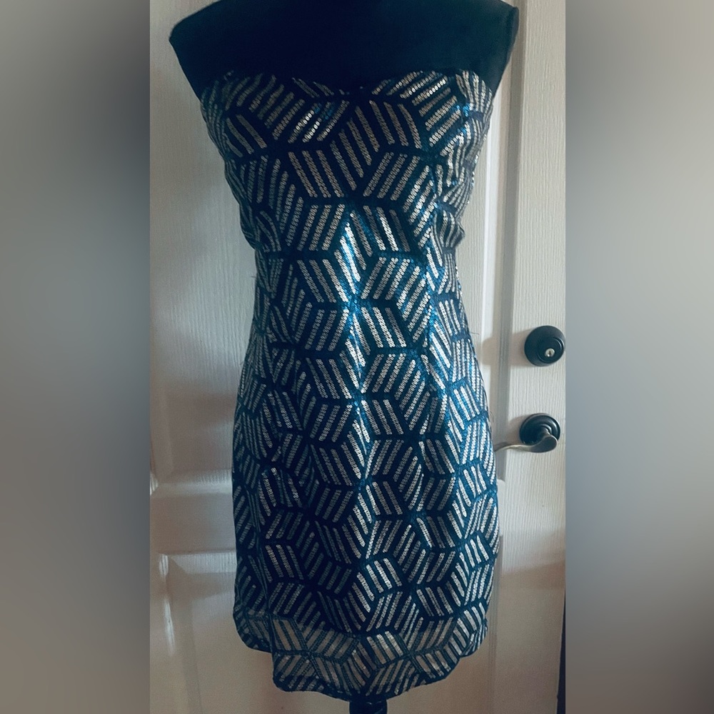 silver and Blue Sequin Mini Strapless Dress perfect condition Size M